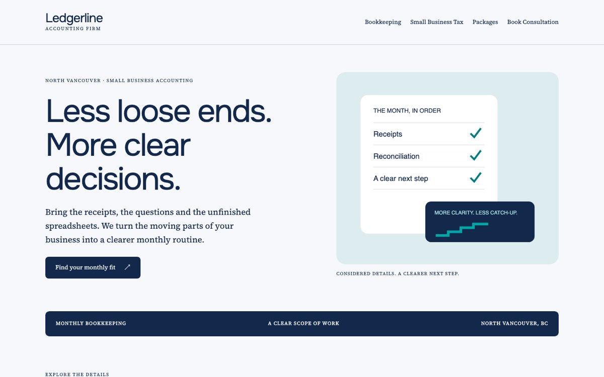 Desktop home page of the Ledgerline Accounting demo website