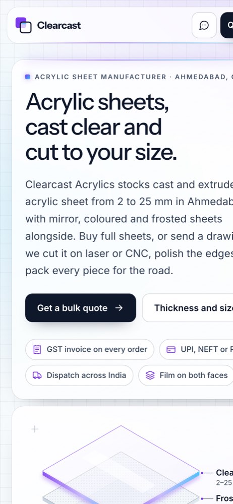 Phone view of the Clearcast Acrylics demo website