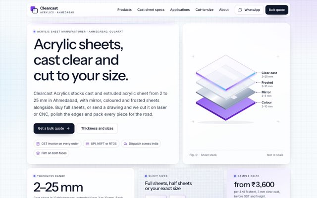 Home page of the Clearcast Acrylics demo website