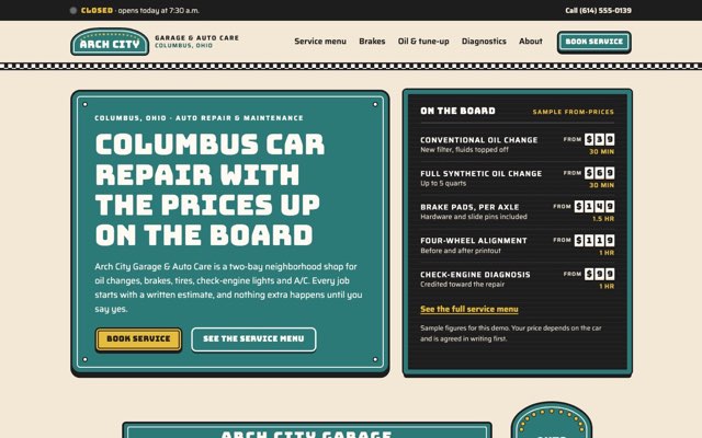 Home page of the Arch City Garage & Auto Care demo website