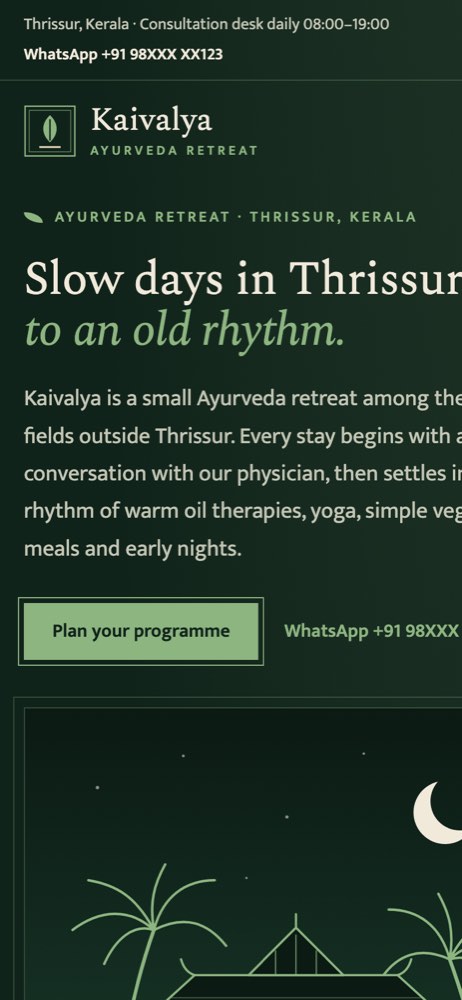 Phone view of the Kaivalya Ayurveda Retreat demo website