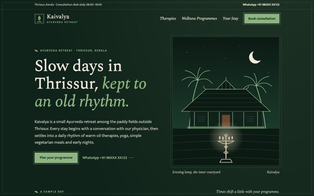 Home page of the Kaivalya Ayurveda Retreat demo website