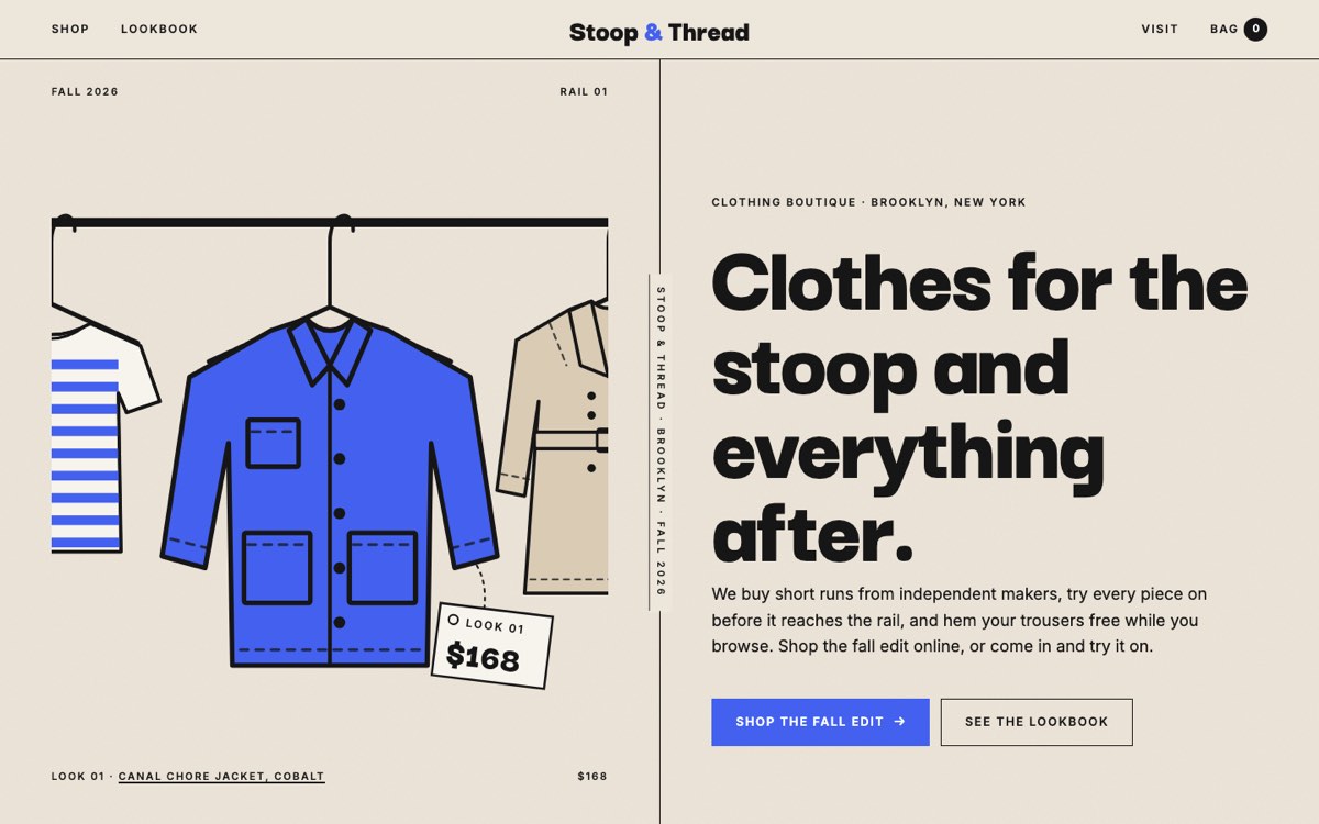 Desktop home page of the Stoop & Thread demo website