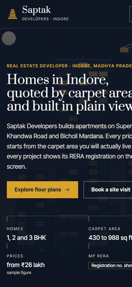 Phone view of the Saptak Developers demo website