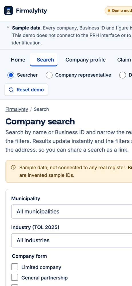 Phone view of the Firmalyhty demo website