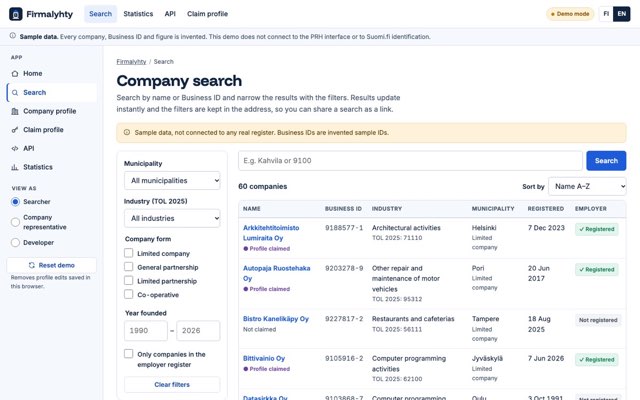 Home page of the Firmalyhty demo website