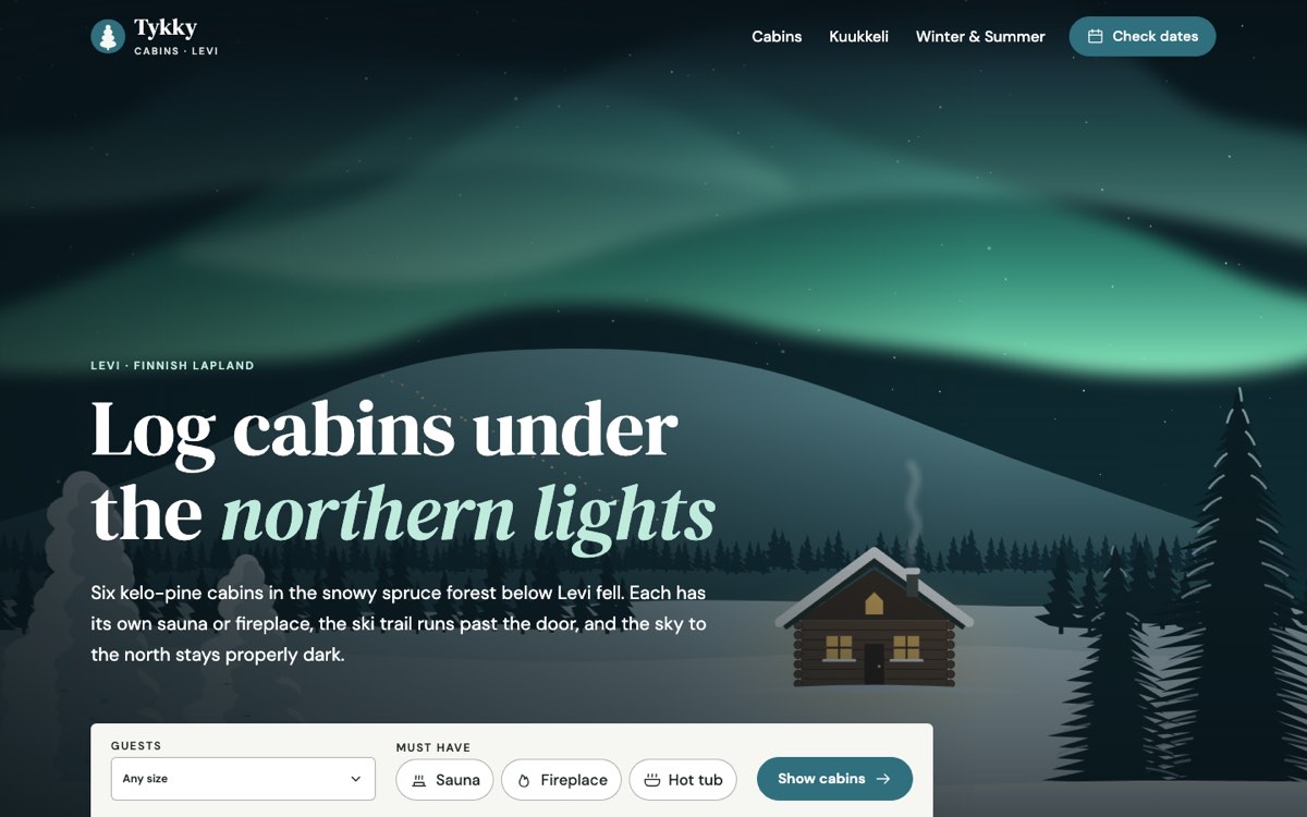 Desktop home page of the Tykky Cabins Levi demo website