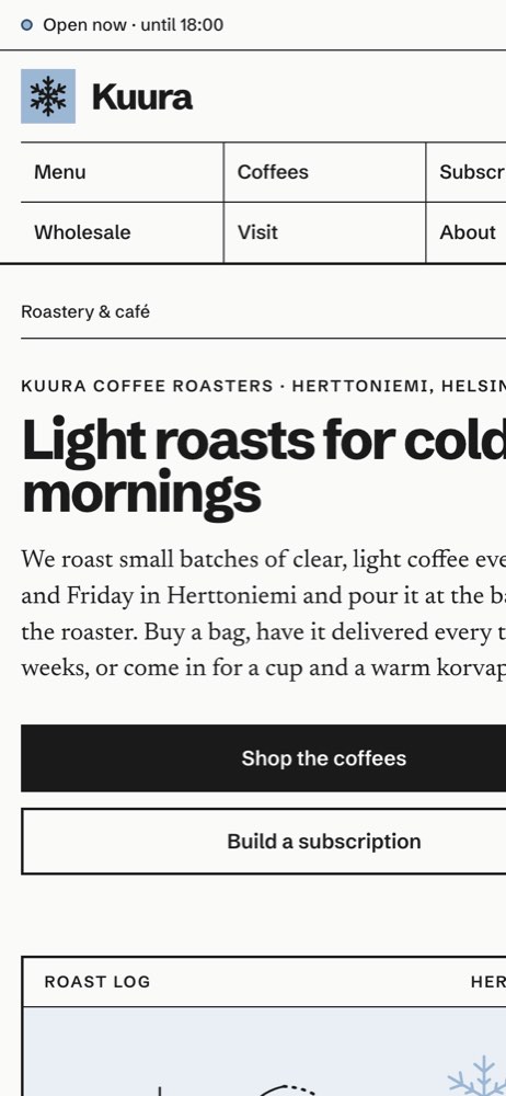 Phone view of the Kuura Coffee Roasters demo website