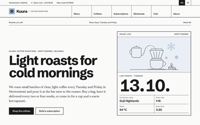 Home page of the Kuura Coffee Roasters demo website
