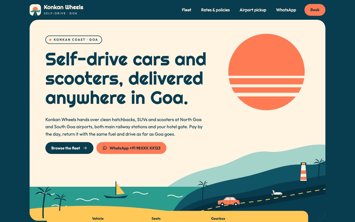 Desktop home page of the Konkan Wheels Self-Drive demo website