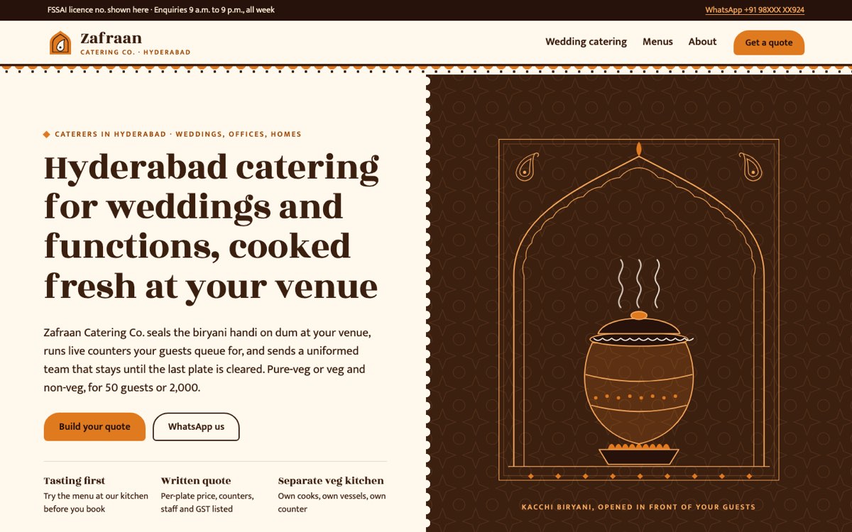 Desktop home page of the Zafraan Catering Co. demo website