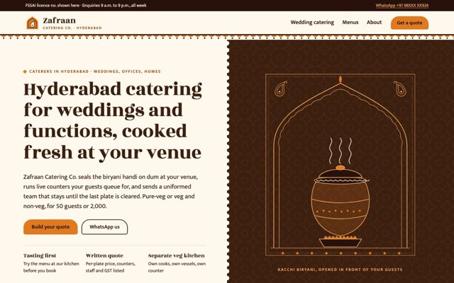 Home page of the Zafraan Catering Co. demo website