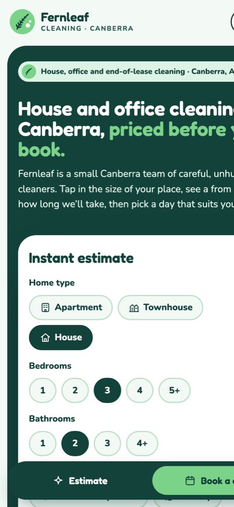 Phone view of the Fernleaf Cleaning demo website