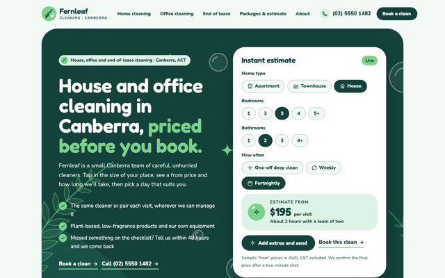 Home page of the Fernleaf Cleaning demo website