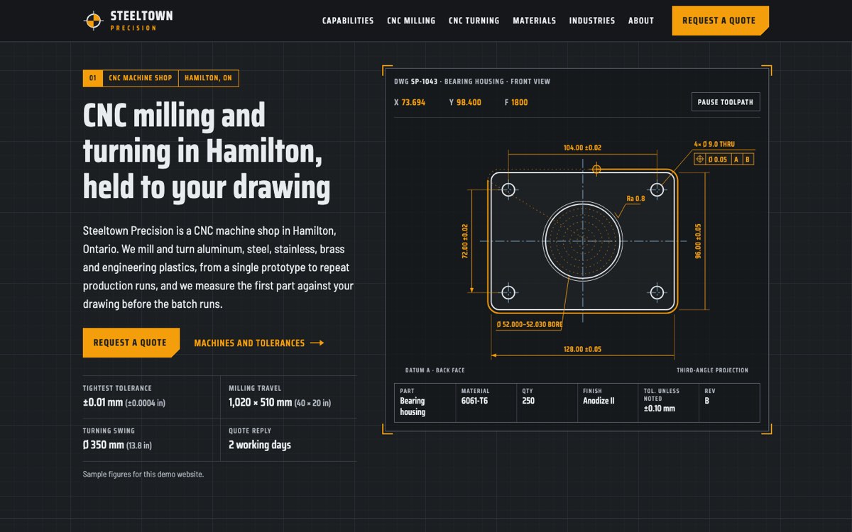 Desktop home page of the Steeltown Precision demo website