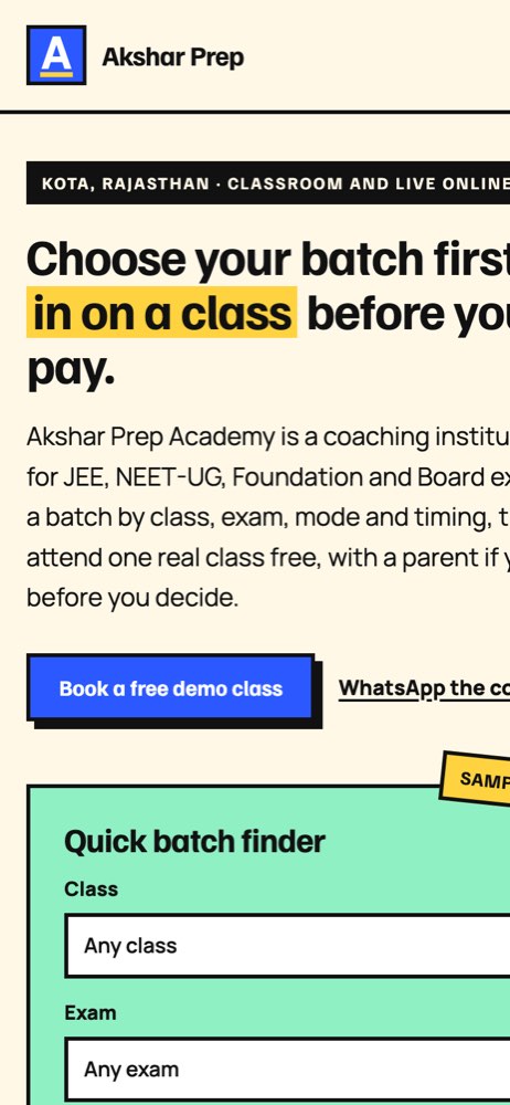 Phone view of the Akshar Prep Academy demo website