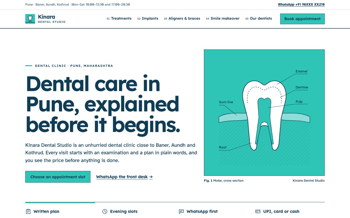 Desktop home page of the Kinara Dental Studio demo website