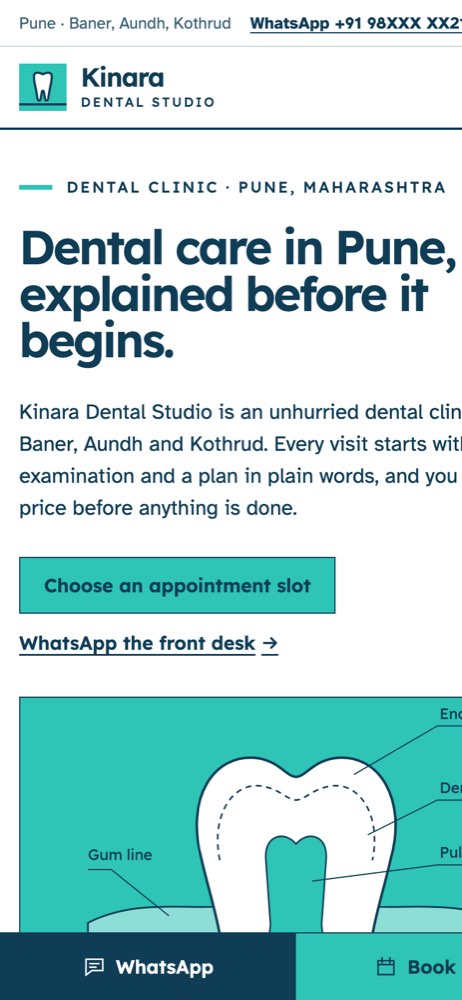 Phone view of the Kinara Dental Studio demo website