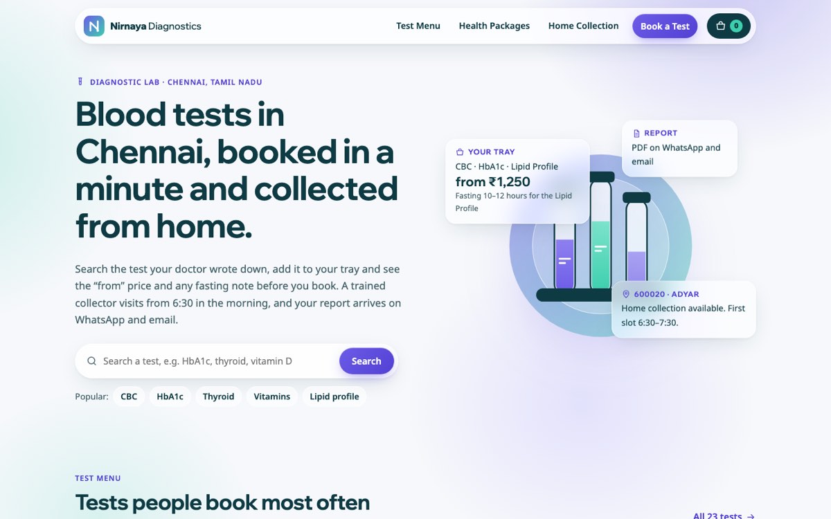 Desktop home page of the Nirnaya Diagnostics demo website