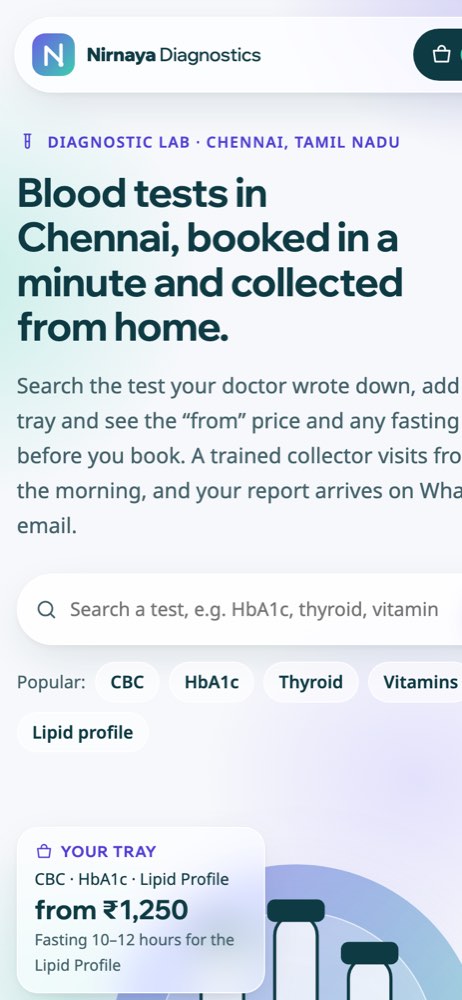 Phone view of the Nirnaya Diagnostics demo website
