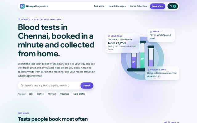 Home page of the Nirnaya Diagnostics demo website