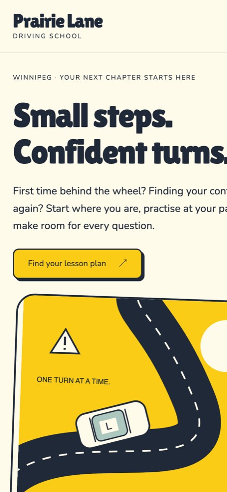 Phone view of the Prairie Lane Driving School demo website