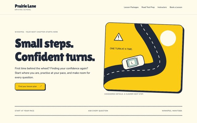 Home page of the Prairie Lane Driving School demo website