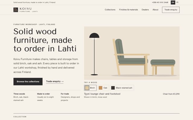 Home page of the Koivu Furniture demo website