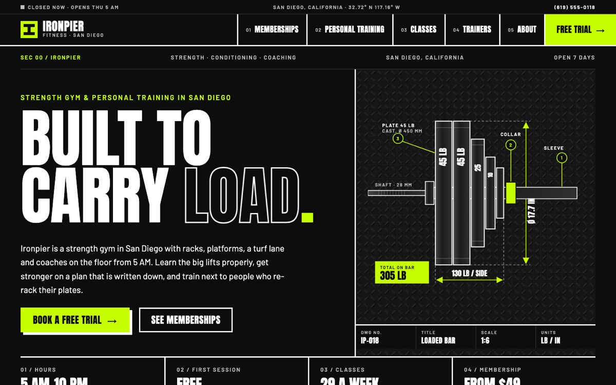 Desktop home page of the Ironpier Fitness demo website