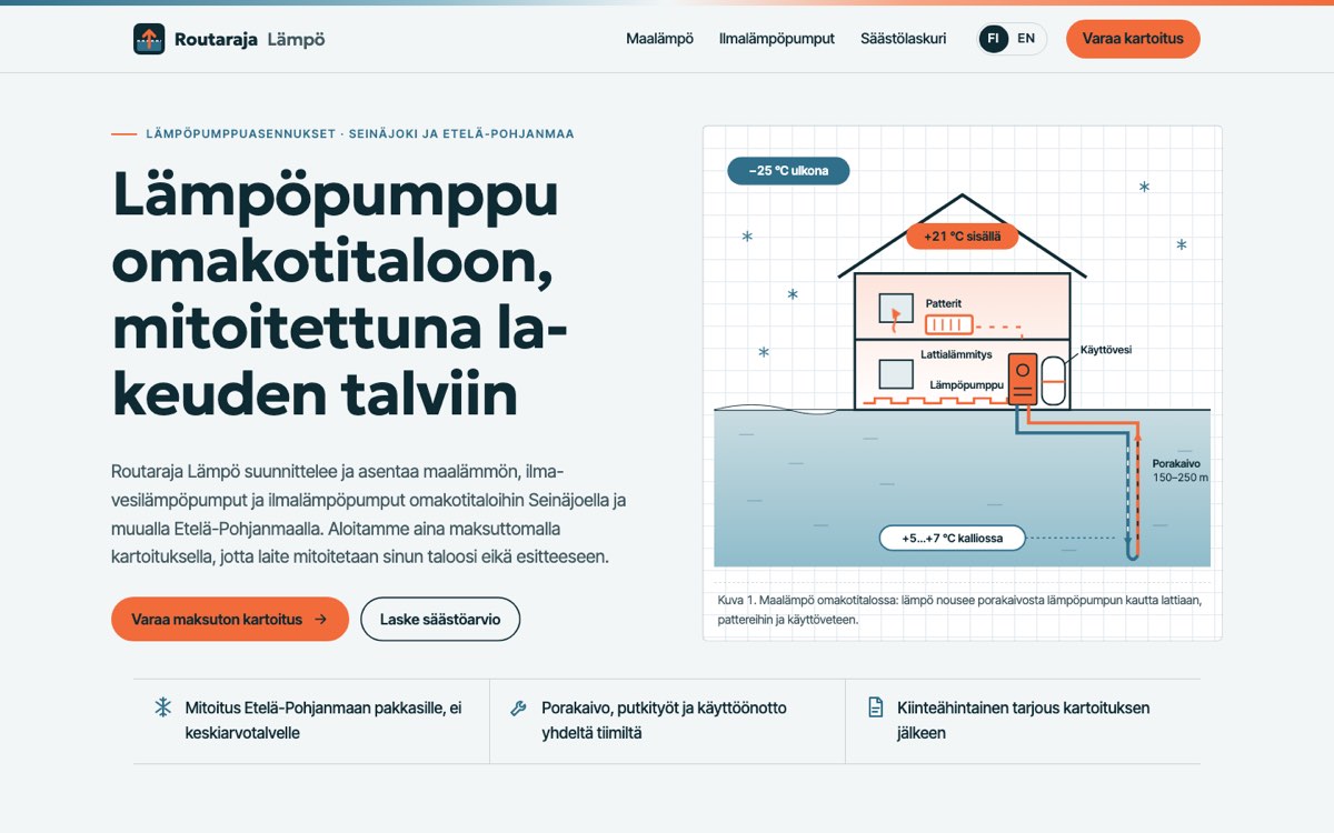 Desktop home page of the Routaraja Lämpö demo website