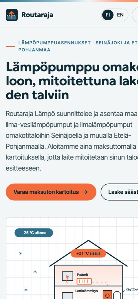 Phone view of the Routaraja Lämpö demo website