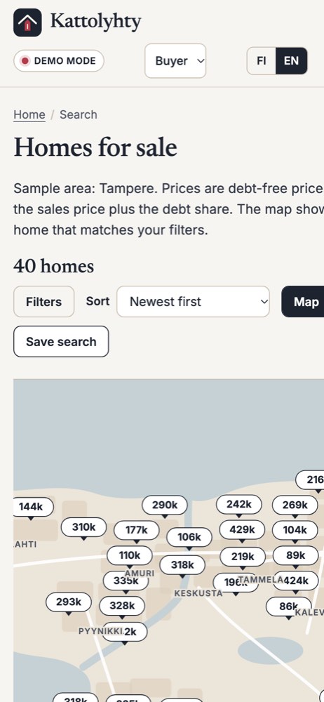 Phone view of the Kattolyhty demo website