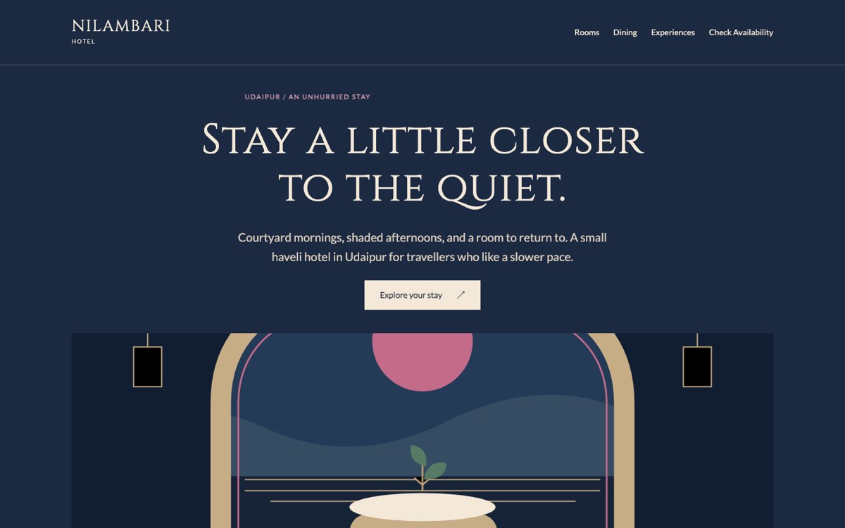 Desktop home page of the Haveli Nilambari demo website