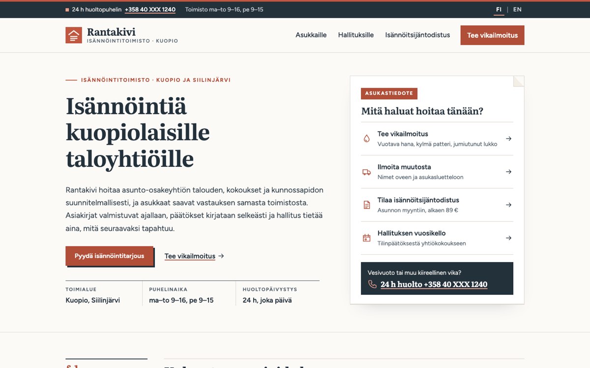 Desktop home page of the Isännöinti Rantakivi Oy demo website