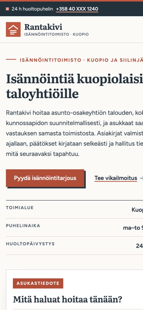 Phone view of the Isännöinti Rantakivi Oy demo website