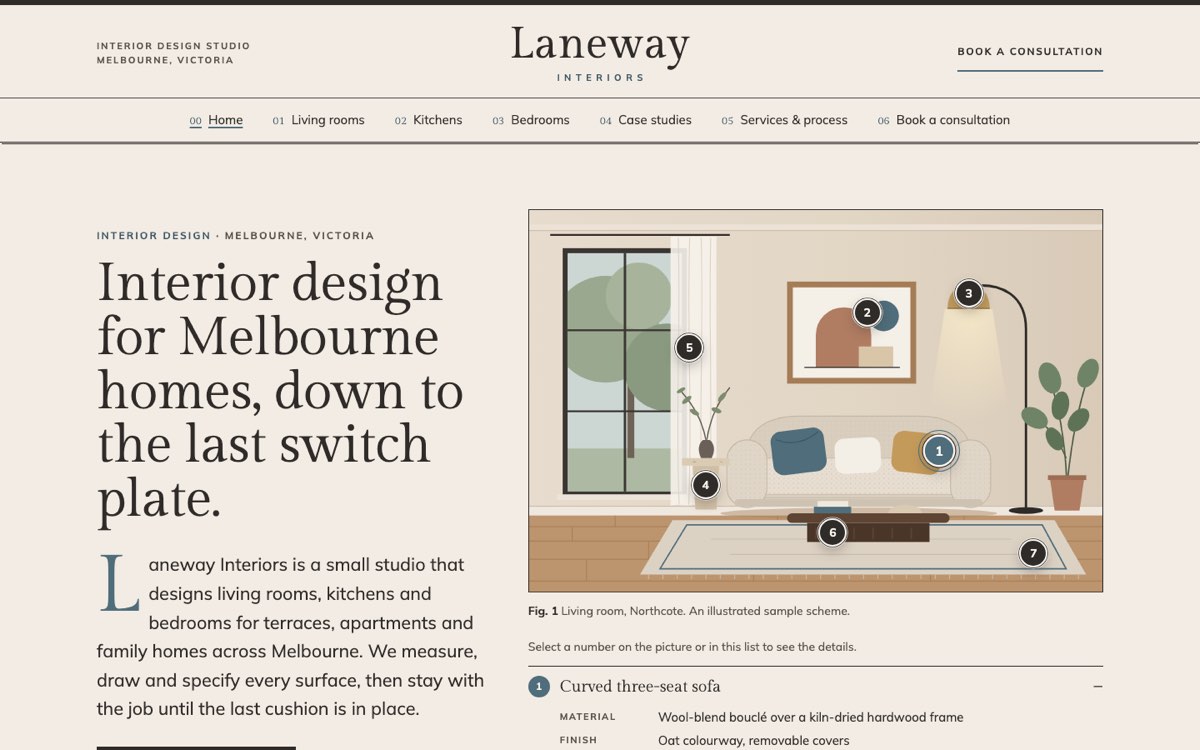 Desktop home page of the Laneway Interiors demo website