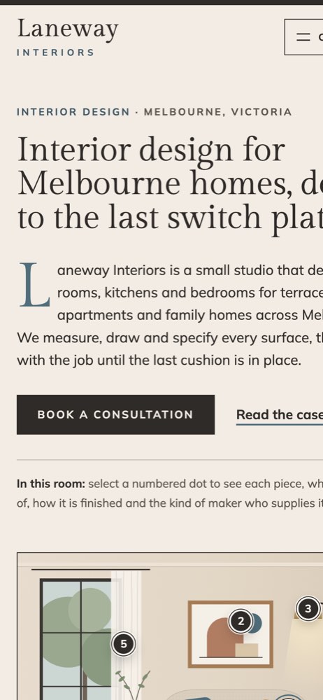 Phone view of the Laneway Interiors demo website
