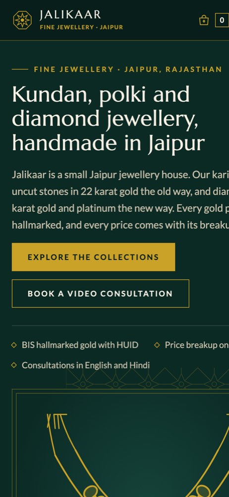 Phone view of the Jalikaar Fine Jewellery demo website