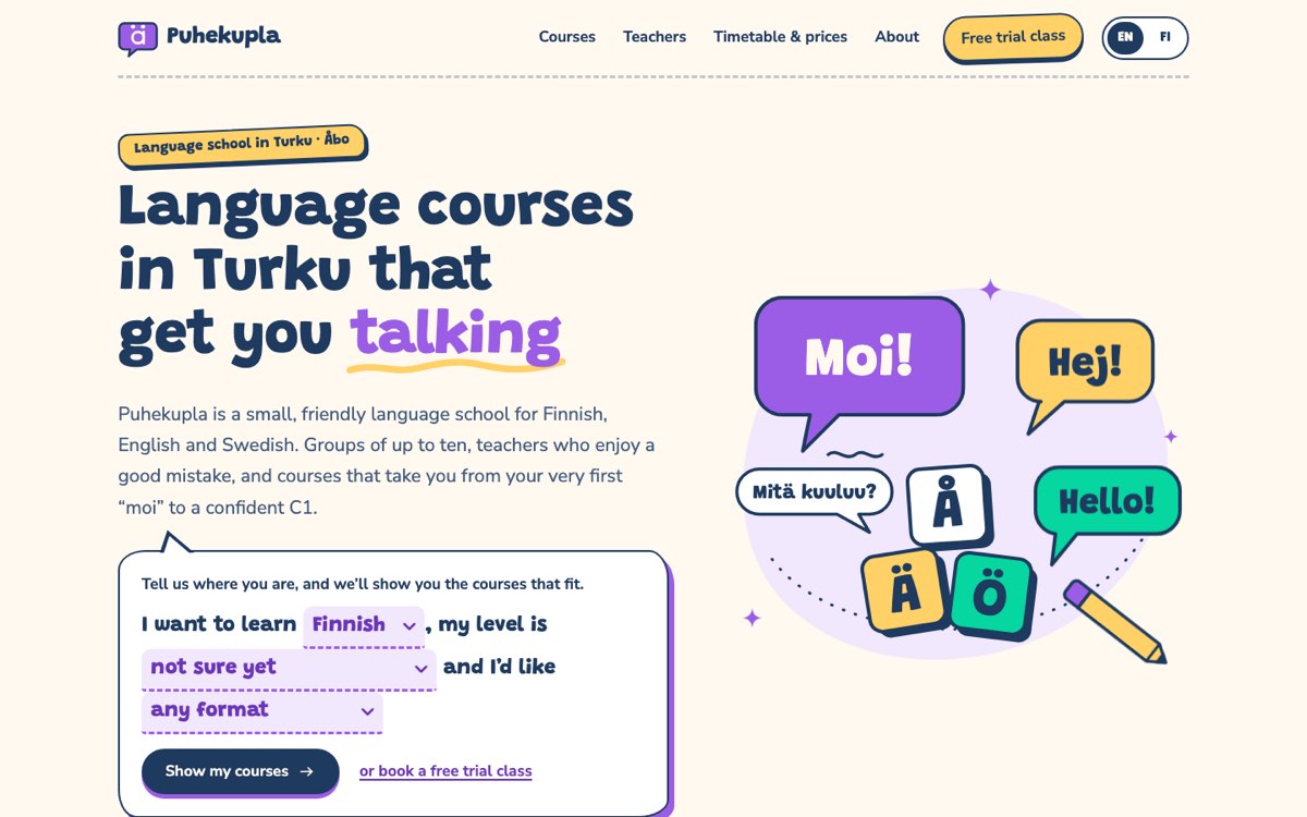 Desktop home page of the Puhekupla Language School demo website