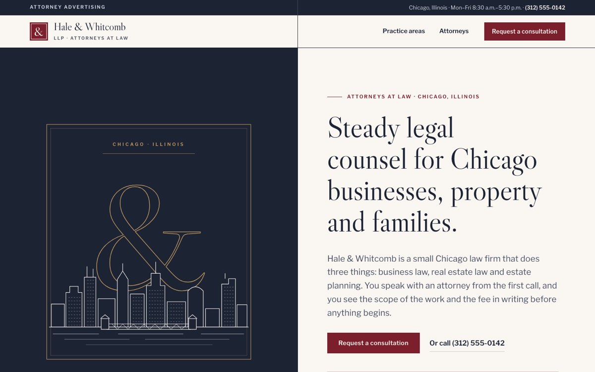 Desktop home page of the Hale & Whitcomb LLP demo website