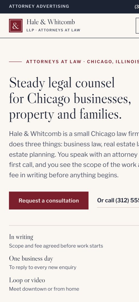 Phone view of the Hale & Whitcomb LLP demo website