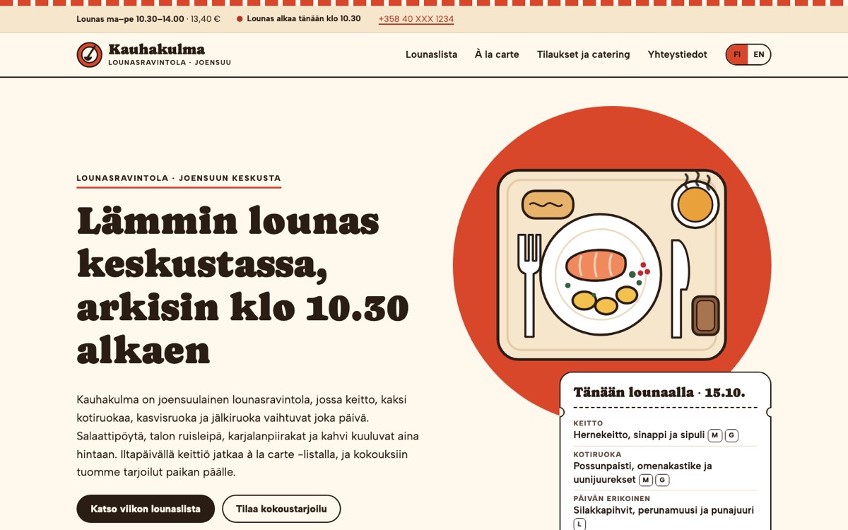Desktop home page of the Kauhakulma demo website