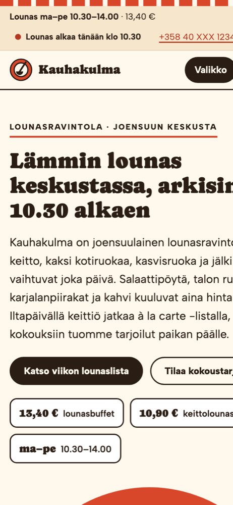 Phone view of the Kauhakulma demo website