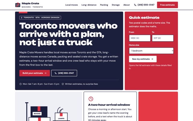 Home page of the Maple Crate Movers demo website