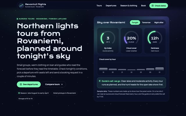 Home page of the Revontuli Nights demo website