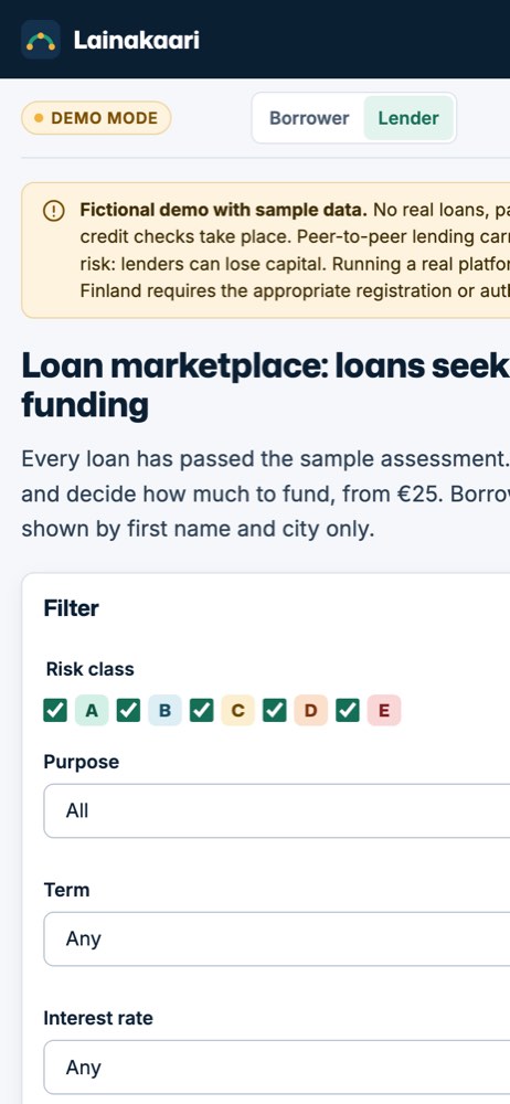 Phone view of the Lainakaari demo website