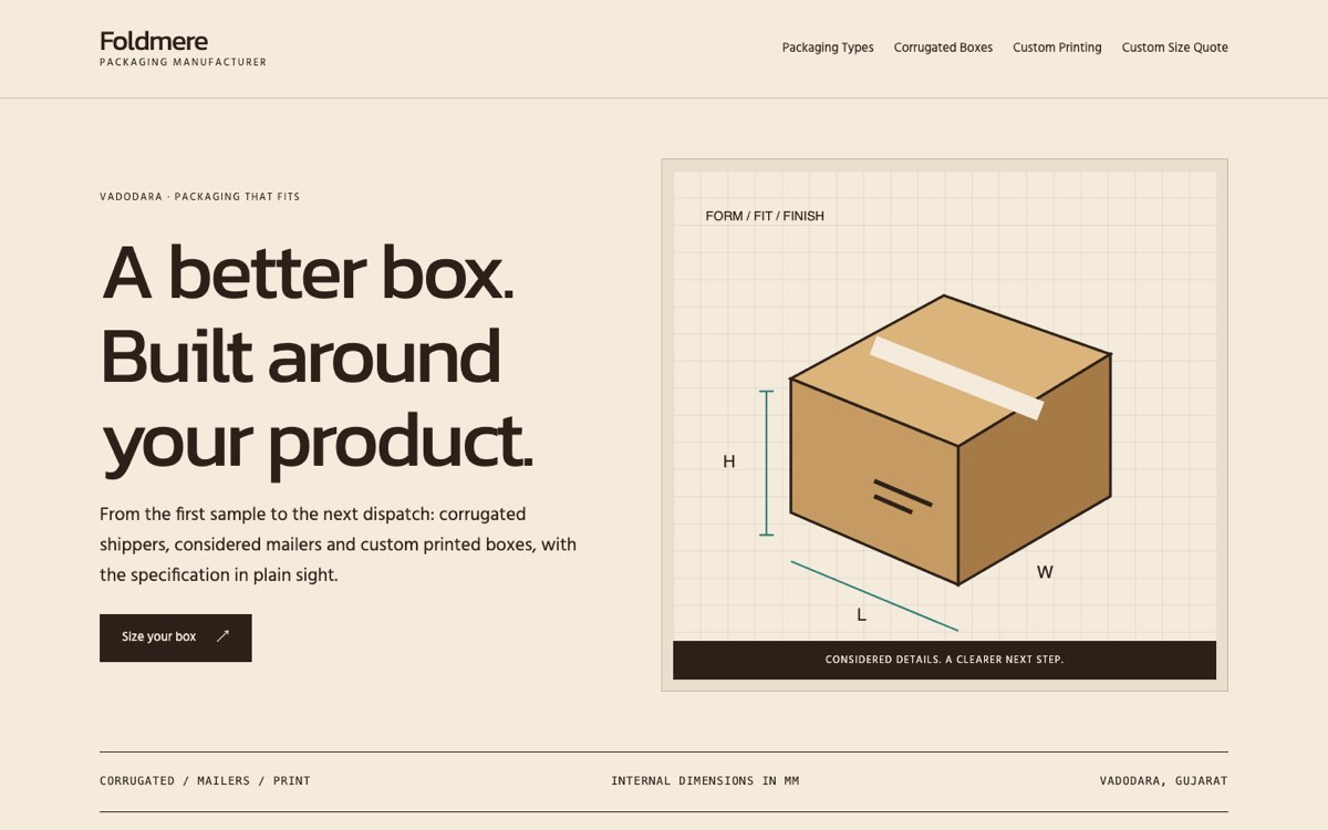 Desktop home page of the Foldmere Packaging demo website