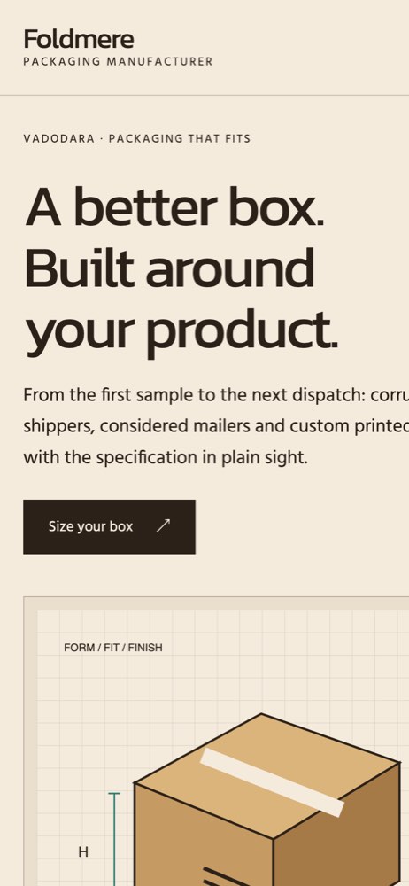 Phone view of the Foldmere Packaging demo website