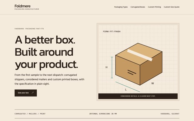 Home page of the Foldmere Packaging demo website