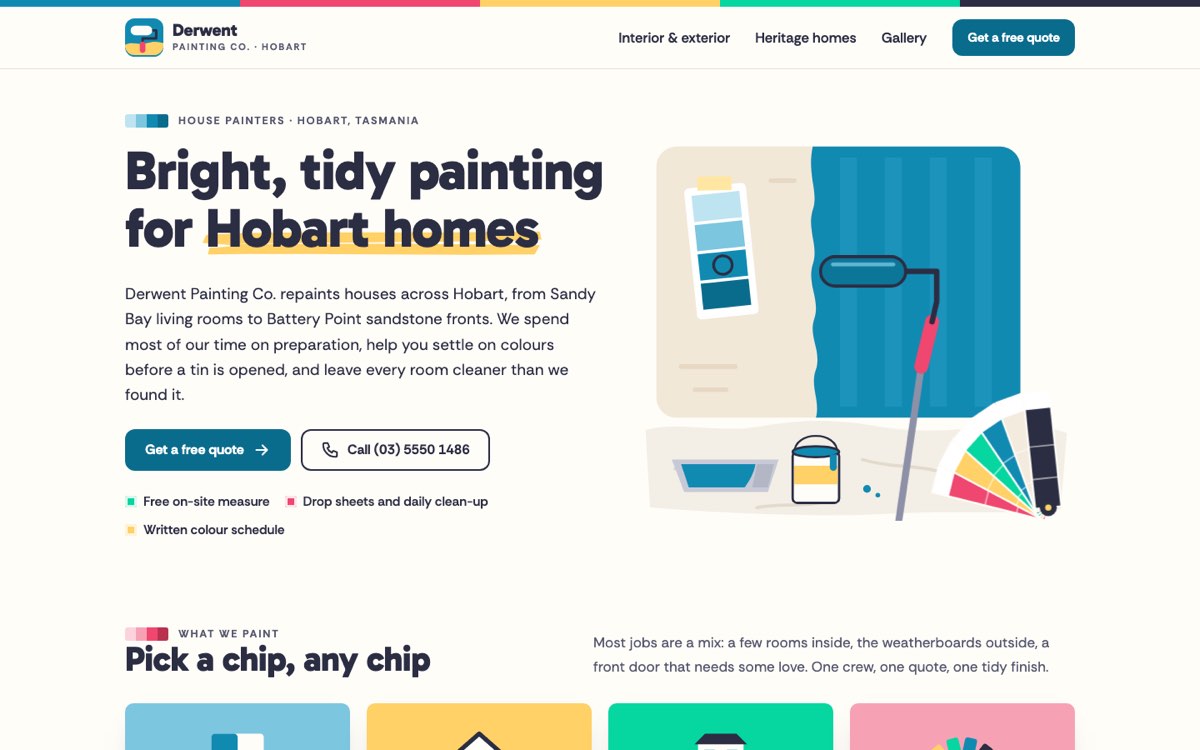 Desktop home page of the Derwent Painting Co. demo website